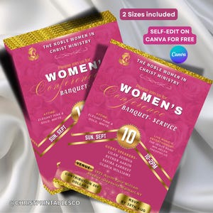 Pink & Gold Gala Invitation Template: Women&#39;s Banquet, Fundraiser (Canva Editable, Printable PDF Format) Women Gathering Event.