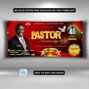 Red and Gold Pastor Anniversary Banner For Wall, Editable Church Hanging Banner, Vinyl Horizontal Fence Banner, Church Banner Canva.
