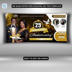 Black and Gold Pastoral Anniversary Banner For Wall, Editable Church Hanging Banner, Vinyl Horizontal Fence Banner, Church Banner Canva.
