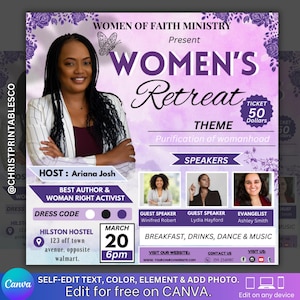 Editable Women&#39;s Retreat Purple Floral Flyer, Women&#39;s Event Flyer, Mothers Day Flyer, Women Conference Flyer, Flyer For Women&#39;s Event Canva.