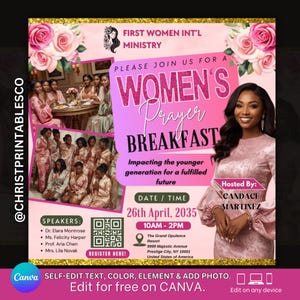 Flyer para Café da Manhã de Oração Feminina com Flores Rosas, Flyer Editável para Brunch Feminino, Encontro de Confraternização, Flyer para Palestrante Convidada, Networking Feminino no Canva.