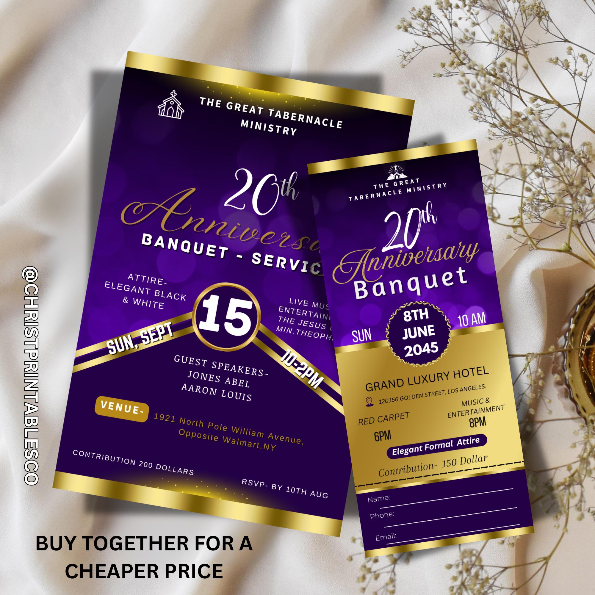 Editable Anniversary Luxury Banquet Ticket Template for Canva, Purple ...
