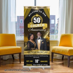 Editable Church Retractable Banner Template, Black and Gold Rollup Banner, Church Anniversary Sign, Banner Sign, Vinyl Banner Canva.