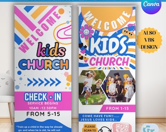 Editable Kids Retractable Banner, Children's Ministry Banner, Pop-up banner for kids, VBS banner, Children Rollup Vinyl Banner Canva.
