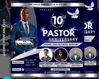 Editable Pastor Anniversary Flyer, Blue And Silver Anniversary Flyer, Pastor Appreciation Template, Pastor Anniversary Invitations Canva.