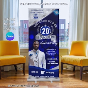 Blue and Silver Pastor Anniversary Retractable Banner, Editable Rollup Banner, Banner Template, Church Anniversary Sign, Vinyl Banner Canva.