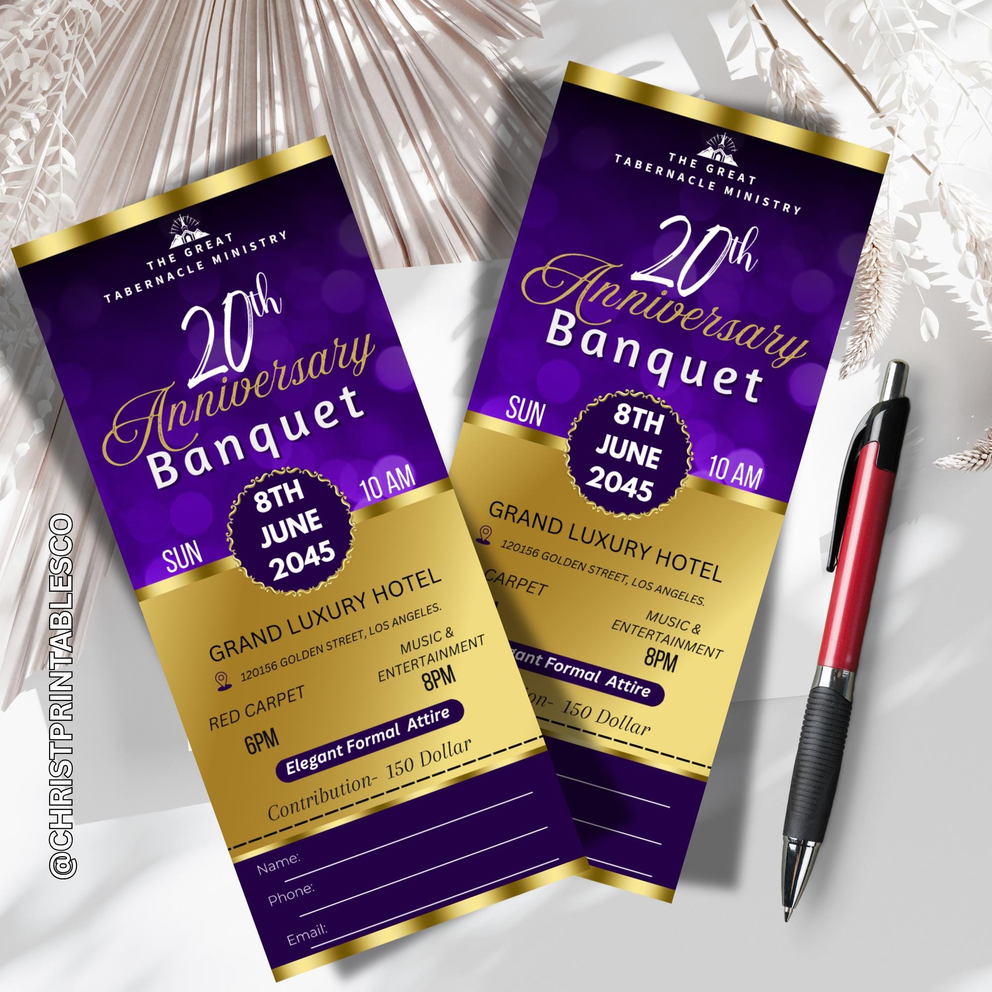 Editable Anniversary Luxury Banquet Ticket Template for Canva, Purple ...