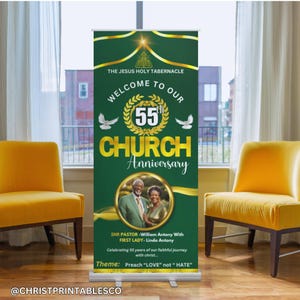 Modello modificabile per striscione retrattile per l'anniversario della chiesa, verde e oro, striscione rollup, anniversario del pastore, striscione in vinile per chiesa Canva.