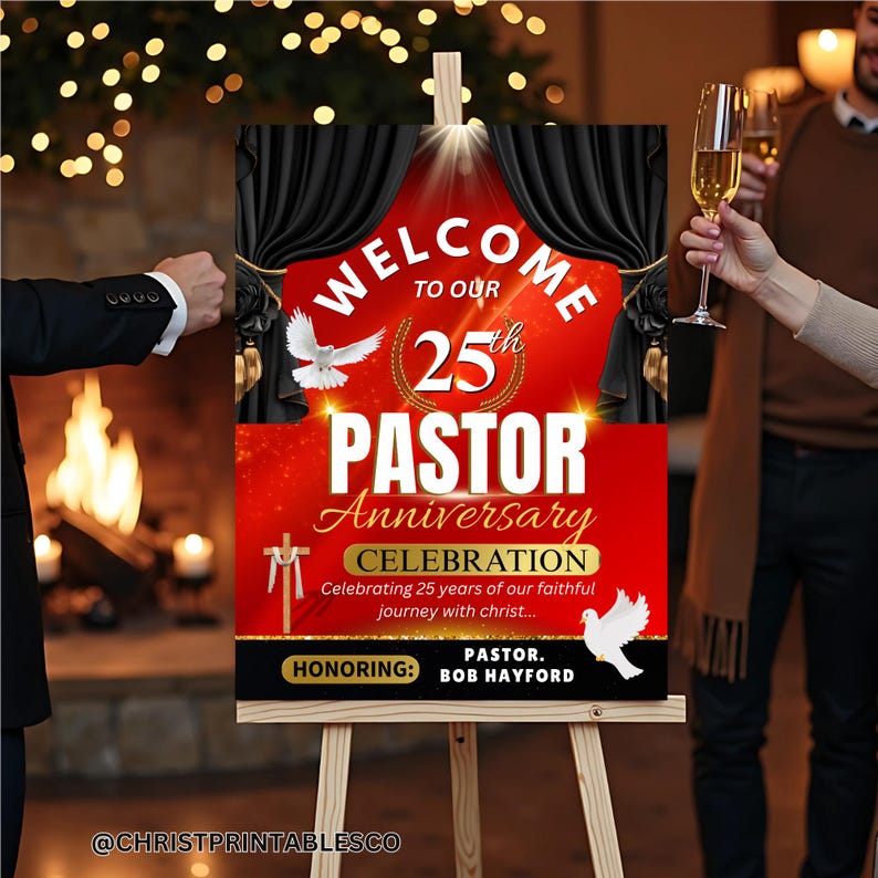 Red & Gold Pastor Anniversary Welcome Sign- Editable Church Sign ...