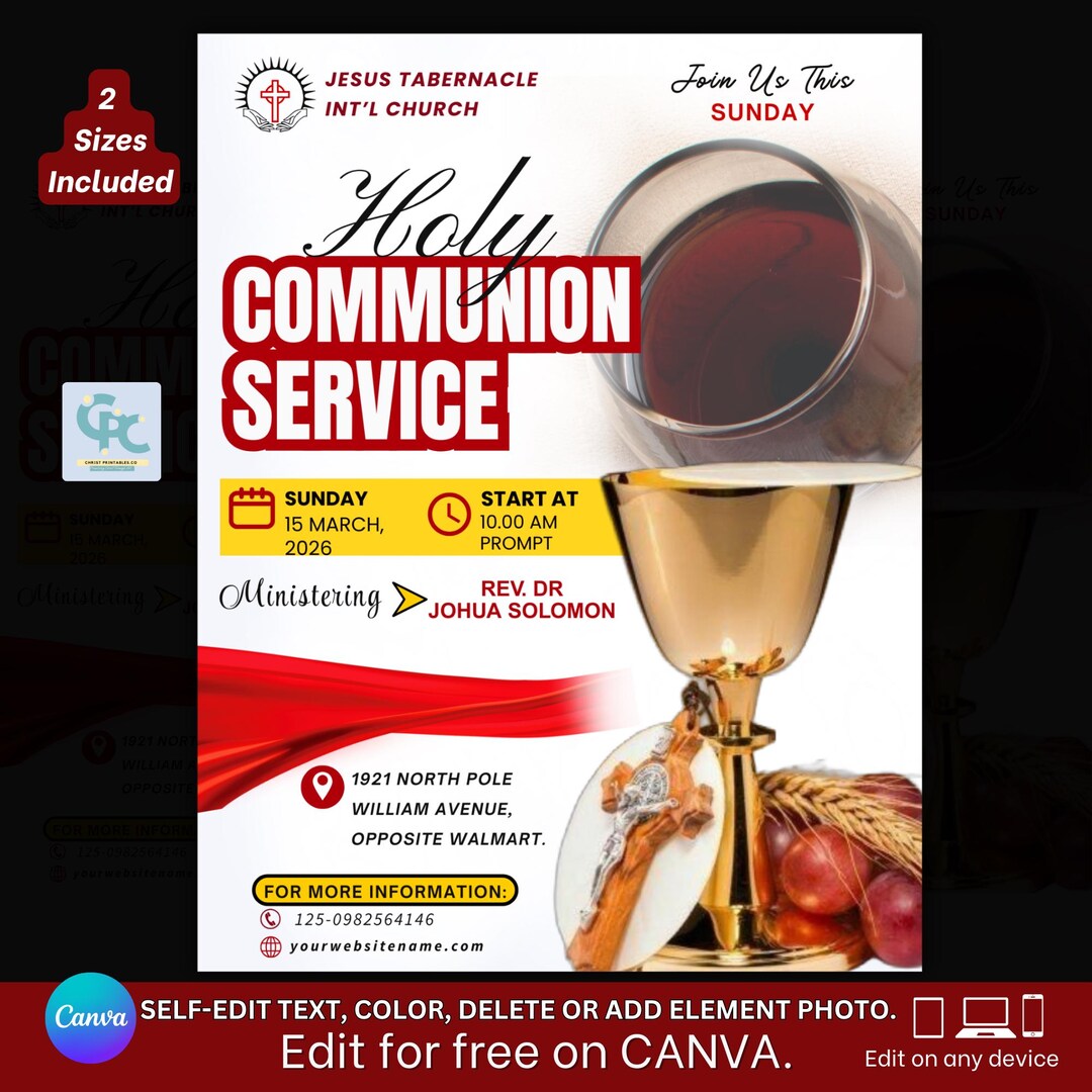 Church Holy Communion Service Flyer- Editable First Sunday Communion ...