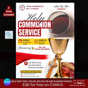 Church Holy Communion Service Flyer- Editable First Sunday Communion Service, Church Fellowship, Church Invitation Graphic Template Canva.