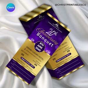 May include: Event tickets in gold, purple, and white, for a 20th Anniversary Banquet. The tickets display the date, time, and venue details. The text "Elegant Formal Attire" is featured on the tickets.