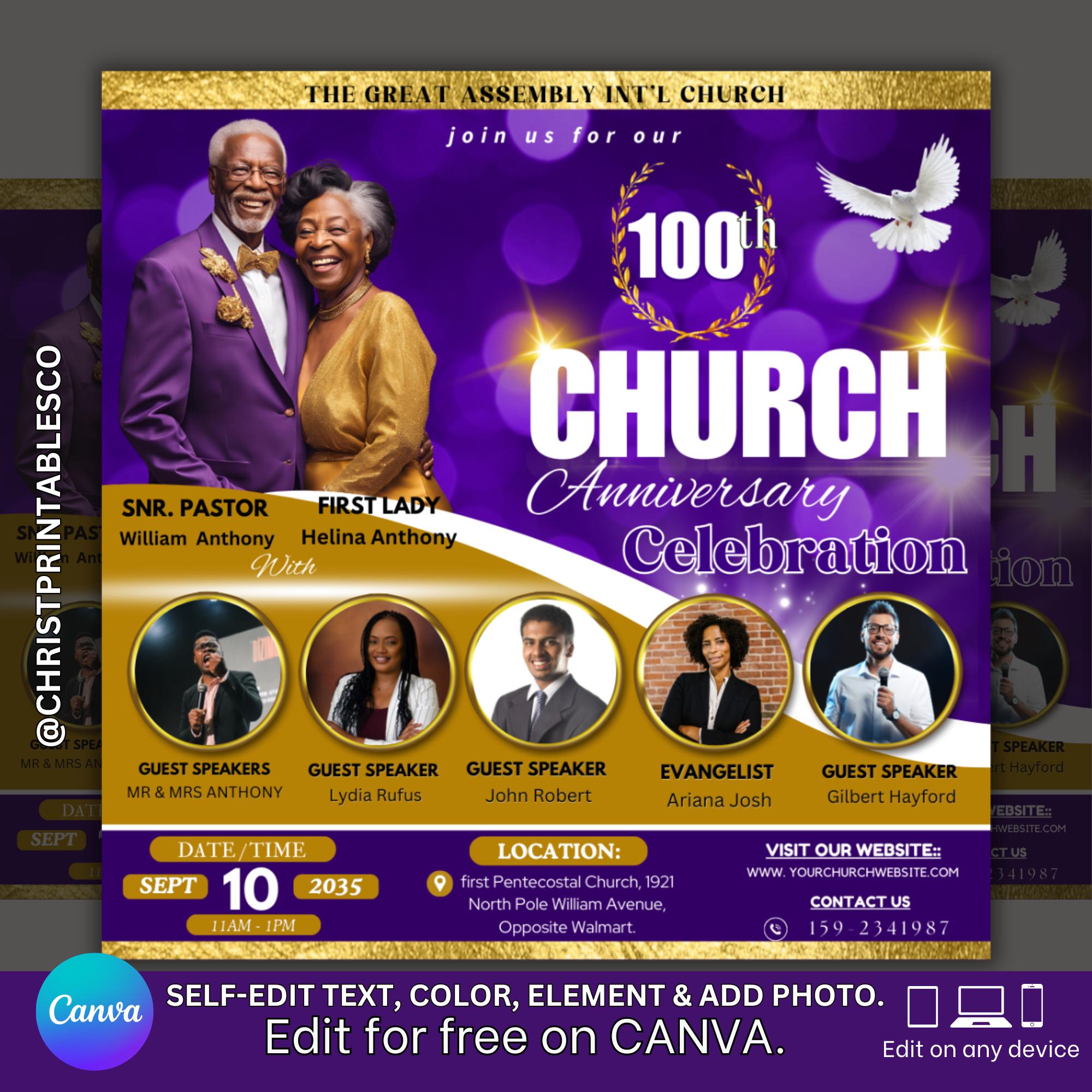 Editable Church Anniversary Flyer, Purple & Gold Church Anniversary Flyer, Invitation for Church Anniversary, Church Template Canva Flyer.
