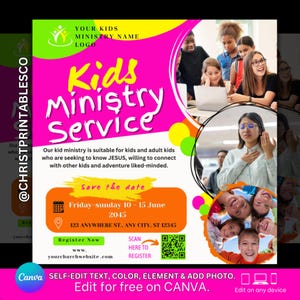 Flyer pour événement du ministère des enfants - Modèle de programme pour enfants modifiable, modèles de tutorat éducatif, camp d'été, école maternelle, modèle Canva.