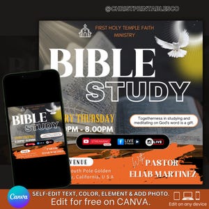 Könnte beinhalten: Ein farbenfroher Flyer für ein Bibelstudium im First Holy Temple Faith Ministry. Der Flyer zeigt eine Taube, eine geöffnete Bibel und den Text "Bible Study" in großen, fetten Buchstaben. Der Flyer enthält auch das Datum, die Uhrzeit und den Ort des Studiums sowie den Namen des Pastors, Eliab Martinez.