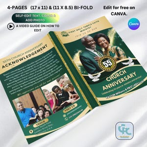 4 Pages Editable Church Anniversary Program, Emerald Green and Gold Church Anniversary Program, (17x11) & (11x8.5) Bi-Fold Canva Programs.