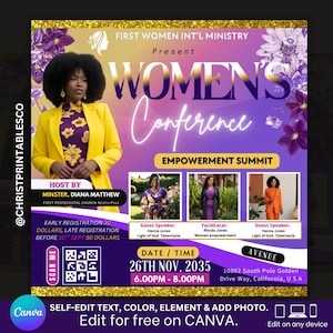 Floral Purple Women&#39;s Conference Flyer, Editable Flyer For Women Conference, Women empowerment, Flyer With Speakers, Canva Event Flyer.