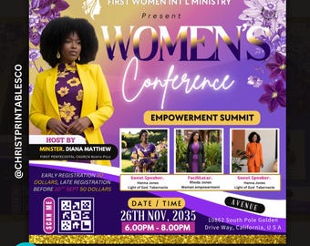 Floral Purple Women's Conference Flyer, Editable Flyer For Women Conference, Women empowerment, Flyer With Speakers, Canva Event Flyer.