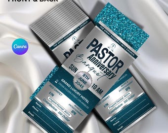 Pastor Anniversary Luxury Banquet Ticket Template for Canva, Editable Teal Silver Banquet Ticket, Pastor Fundraiser Event Banquet, 3 x 7 In.