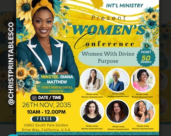 Elegant Teal & Yellow Women's Conference Flyer, Editable Floral Flyer For Women's Event, Flyer With Guest Speaker, Women Ministry Canva.