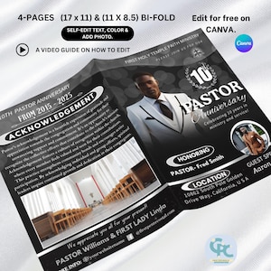 4 Pages Black and Silver Pastor Anniversary Program, Editable Pastor Appreciation Program, (17x11) &(11x8.5) Bi-Fold Canva Church Programs.