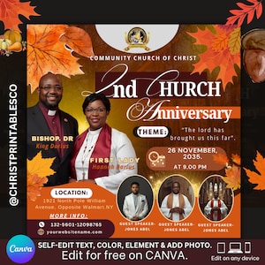 Flyer d'anniversaire de l'église d'automne, modèle d'invitation modifiable pour l'anniversaire de l'église, modèle d'église pour l'événement d'automne, flyer pastoral en toile.