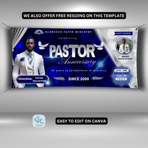 Silver and Blue Pastor Anniversary Banner For Wall, Editable Church Hanging Banner, Vinyl Horizontal Fence Banner, Church Banner Canva.