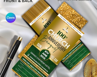 Editable Anniversary Luxury Banquet Ticket Template for Canva, Green & Gold Banquet Ticket, Church Gala Fundraiser Event Banquet 3 x 7 In.