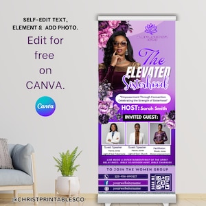 Elegante pancarta retráctil para eventos de mujeres con flores moradas y plateadas, pancarta editable con código QR, pancarta de vinilo enrollable, pancarta de Canva para mujeres.