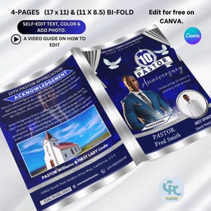 Editable 4 Pages Pastor Anniversary Program Template, Blue & Silver Program Template, (11 x 8.5 and 5.5x 8.5) in Bi-Fold Canva Template.