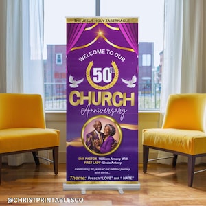 Editable Church Retractable Banner Template, Purple & Gold Rollup Banner, Church Anniversary Sign, Purple and Gold Sign, Vinyl Banner Canva.