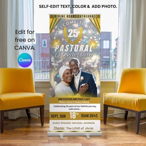 White and Gold Pastor Anniversary Retractable Banner, Editable Rollup Banner, Banner Template, Church Anniversary Sign, Vinyl Banner Canva.