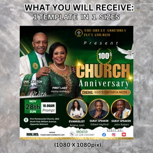 May include: A promotional flyer for the 100th Church Anniversary, featuring a couple in formal attire. The design is predominantly green and gold, with event details, guest speakers, and contact information. The flyer includes the text "THE GREAT ASSEMBLY INT'L CHURCH".