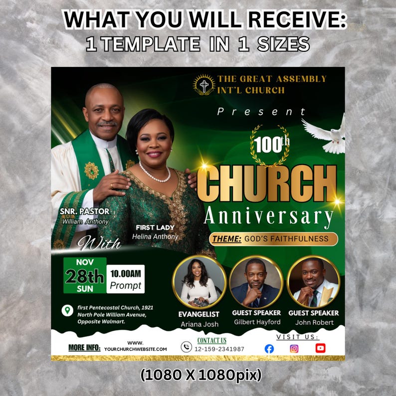 May include: A promotional flyer for the 100th Church Anniversary, featuring a couple in formal attire. The design is predominantly green and gold, with event details, guest speakers, and contact information. The flyer includes the text "THE GREAT ASSEMBLY INT'L CHURCH".