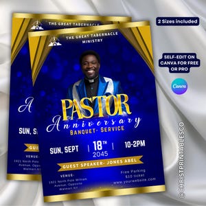 Blue & Gold Pastor Anniversary Banquet Flyer, Editable Anniversary Banquet Template, Banquet Invitation, Gala and Fundraiser Event Canva.