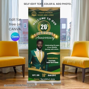 Green and Gold Pastor Anniversary Retractable Banner, Editable Rollup Banner, Banner Template, Church Anniversary Sign, Vinyl Banner Canva.