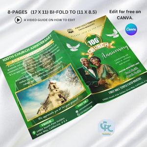 8 Pages Green & Gold Church Anniversary Program Template Editable Church Brochure (17 x 11) Fold to (11 x 8.5) Church Bulletin Design Canva.