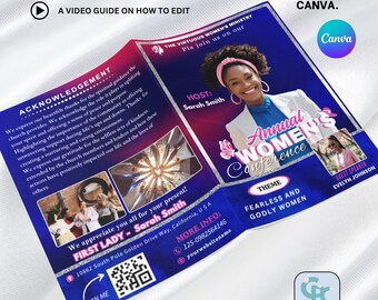 Pink Blue Floral Women's Conference Program Template, Editable 4 Pages Program Template, (11x8.5 and 17x11) Bi-fold Program Canva Template.