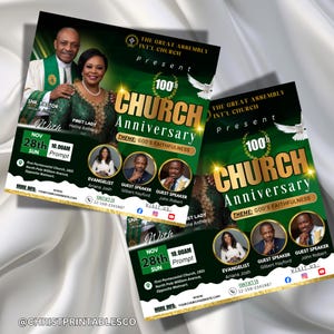 May include: Two flyers for the 100th Church Anniversary, featuring a green and gold color scheme. The flyers include images of church leaders, event details, and the theme "God's Faithfulness."