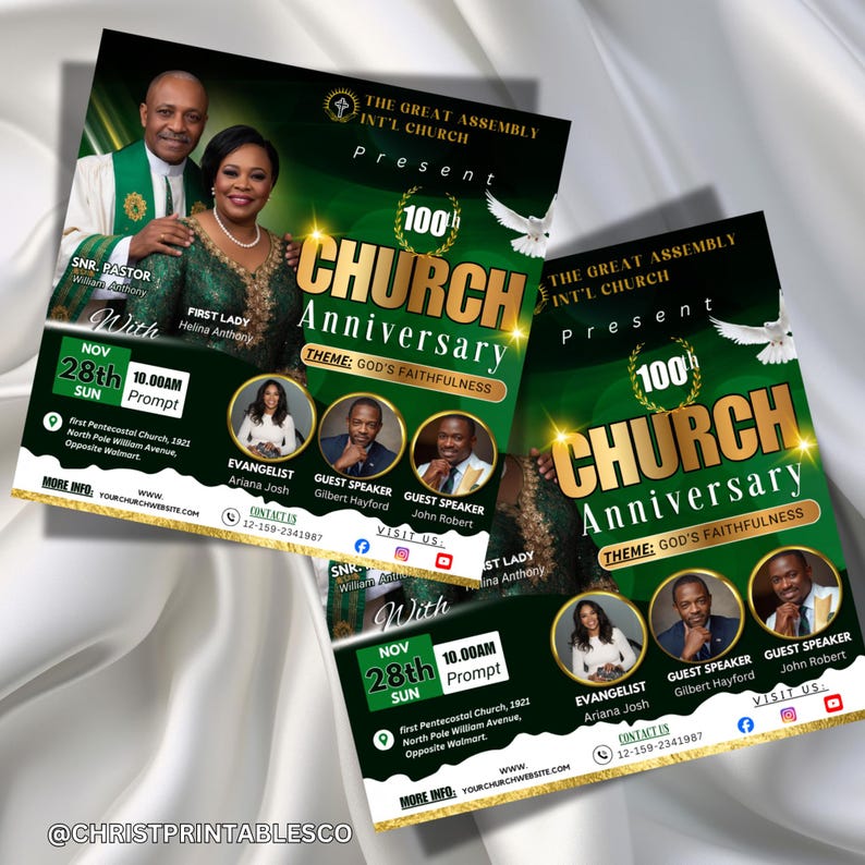 May include: Two flyers for the 100th Church Anniversary, featuring a green and gold color scheme. The flyers include images of church leaders, event details, and the theme "God's Faithfulness."