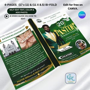 Editable 4 Pages Pastor Anniversary Program Template, Green & Gold Program Template, (11 x 8.5 and 5.5x 8.5) in Bi-Fold Canva Template.