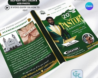 Plantilla editable de 4 páginas para programa de aniversario pastoral, plantilla de programa verde y dorado, (11 x 8.5 y 5.5 x 8.5) en plantilla plegable de Canva.