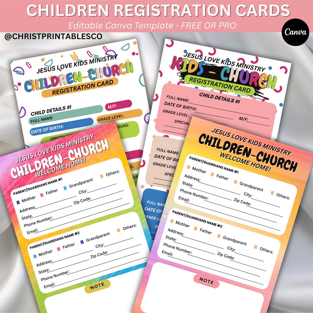 Editable Children Registration Cards, Kids Ministry Registration Form ...