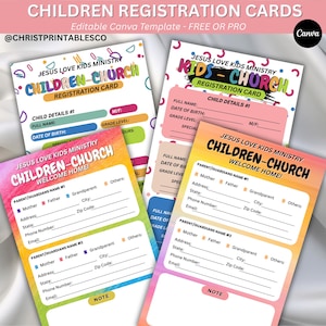 Cartes d'inscription modifiables pour les enfants, formulaire d'inscription du ministère de l'enfance, carte Kids Connection, formulaire d'inscription pour parents et enfants Canva.
