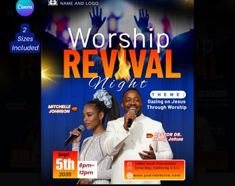 Editable Church Revival Fire Flyer- Worship Conference, Prophetic Program, Church Conference, Religious Graphic Flyer Canva, Sunday Worship.