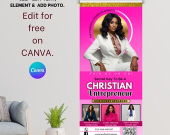 Pink & Gold Women's Event Retractable Banner, Editable Roll-up Vinyl Banner, Canva QR CODE Banner Template, Women Ministry, Guest speakers.