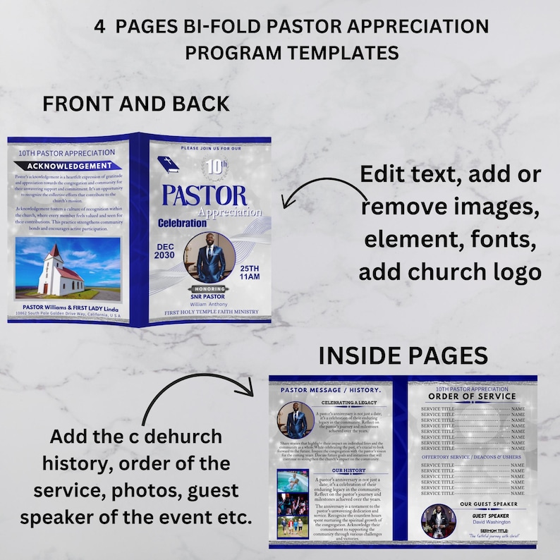 Church Appreciation Program Editable Pastor Appreciation Program Template, Blue & Silver Bi-fold ...