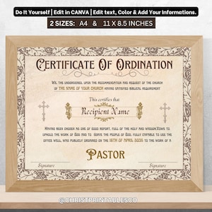 Aanpasbare certificaatsjabloon voor predikant, afdrukbaar certificaat voor wijding, ministeriecertificaat, Canva-certificaat.