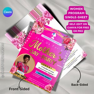Programa de una sola hoja para el Día de la Madre, plantilla de programa editable para evento de mujeres, brunch del Día de la Madre, folleto de Canva para celebración del Día de la Madre.