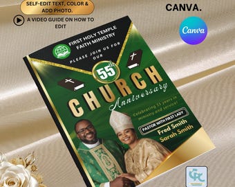 Plantilla de programa de aniversario de la iglesia verde y dorada: editable, 8 páginas, aniversario de la iglesia (17 x 11), plegable a (11 x 8,5), agradecimiento al pastor Canva